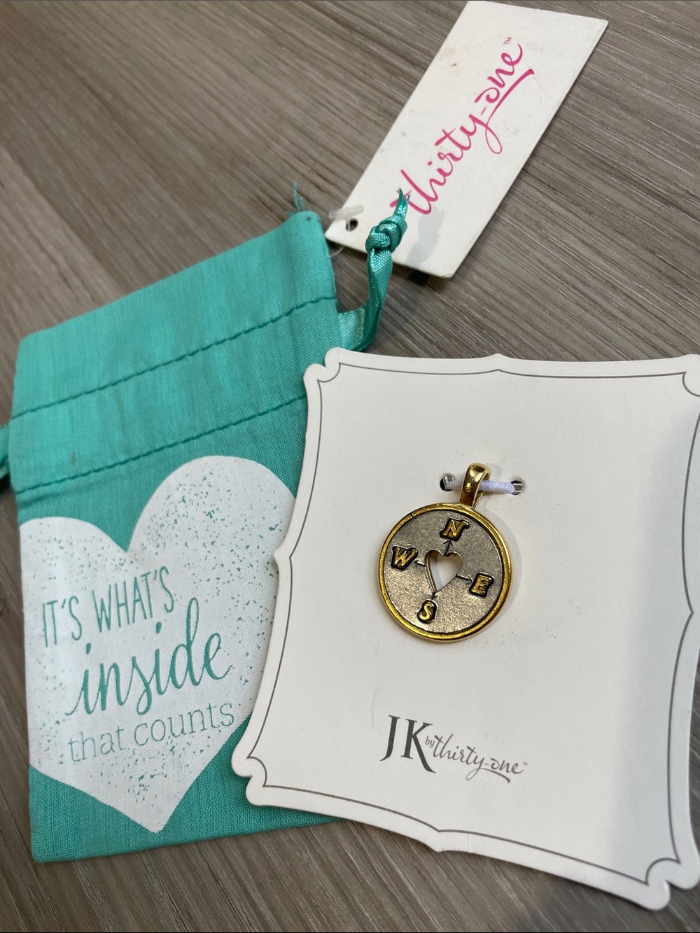 thirty-one Gold Compass Heart Charm Pendant with Teal Pouch